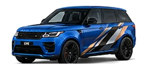 Range Rover Range Rover Sport SVR in Velocity Blue with custom vinyl graphics, front three-quarter view.