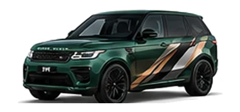 Range Rover Range Rover Sport SVR in Belgravia Green with custom vinyl graphics, front three-quarter view.
