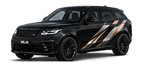 Range Rover Range Rover Velar in Santorini Black with custom vinyl graphics, front three-quarter view.