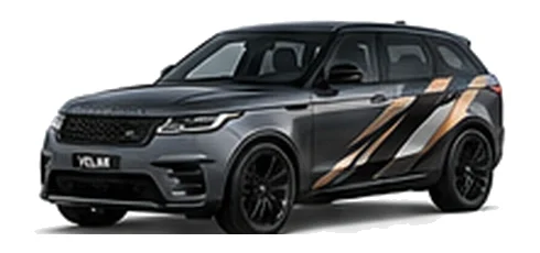 Range Rover Range Rover Velar in Carpathian Grey with custom vinyl graphics, front three-quarter view.