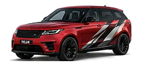 Range Rover Range Rover Velar in Firenze Red with custom vinyl graphics, front three-quarter view.