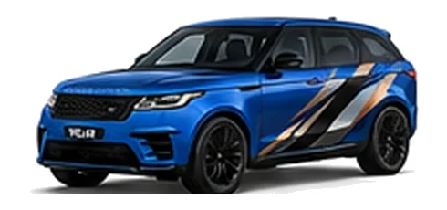 Range Rover Range Rover Velar in Velocity Blue with custom vinyl graphics, front three-quarter view.