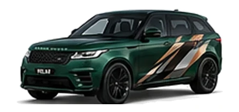 Range Rover Range Rover Velar in Belgravia Green with custom vinyl graphics, front three-quarter view.
