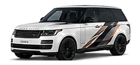 Range Rover Range Rover Vogue in Fuji White with custom vinyl graphics, front three-quarter view.
