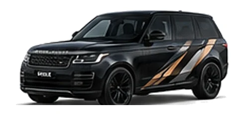 Range Rover Range Rover Vogue in Santorini Black with custom vinyl graphics, front three-quarter view.