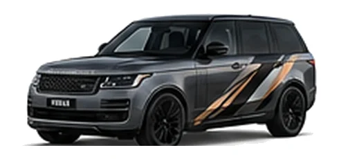 Range Rover Range Rover Vogue in Carpathian Grey with custom vinyl graphics, front three-quarter view.