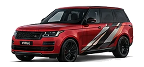 Range Rover Range Rover Vogue in Firenze Red with custom vinyl graphics, front three-quarter view.