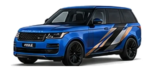 Range Rover Range Rover Vogue in Velocity Blue with custom vinyl graphics, front three-quarter view.