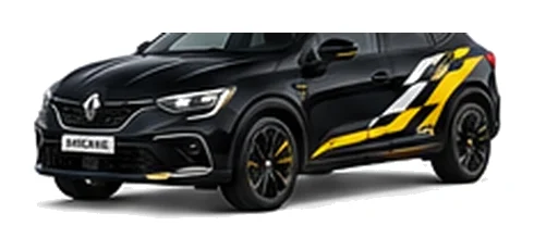 Renault Arkana in Diamond Black with custom vinyl graphics, front three-quarter view.