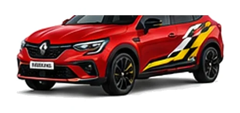 Renault Arkana in Flame Red with custom vinyl graphics, front three-quarter view.