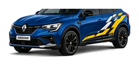 Renault Arkana in Iron Blue with custom vinyl graphics, front three-quarter view.