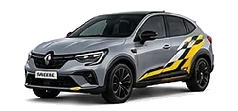 Renault Arkana in Highland Grey with custom vinyl graphics, front three-quarter view.