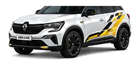 Renault Austral in Glacier White with custom vinyl graphics, front three-quarter view.