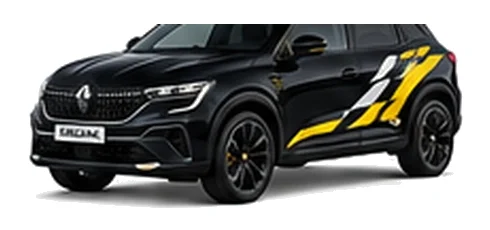 Renault Austral in Diamond Black with custom vinyl graphics, front three-quarter view.
