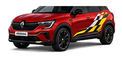 Renault Austral in Flame Red with custom vinyl graphics, front three-quarter view.