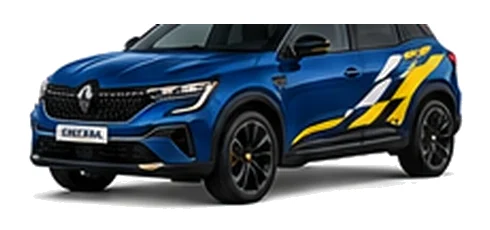 Renault Austral in Iron Blue with custom vinyl graphics, front three-quarter view.