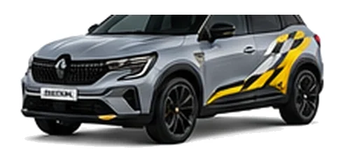 Renault Austral in Highland Grey with custom vinyl graphics, front three-quarter view.