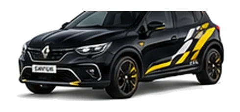Renault Captur in Diamond Black with custom vinyl graphics, front three-quarter view.