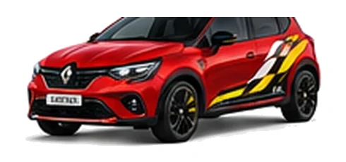 Renault Captur in Flame Red with custom vinyl graphics, front three-quarter view.