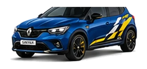 Renault Captur in Iron Blue with custom vinyl graphics, front three-quarter view.