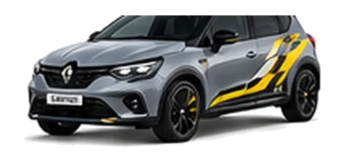 Renault Captur in Highland Grey with custom vinyl graphics, front three-quarter view.