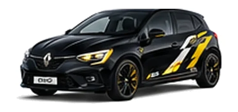 Renault Clio in Diamond Black with Renault sport-inspired vinyl graphics, front three-quarter view on a white background.