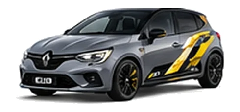 Renault Clio in Urban Grey with custom vinyl graphics, front three-quarter view.