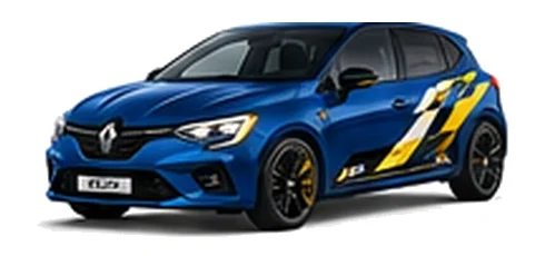 Renault Clio in Iron Blue with custom vinyl graphics, front three-quarter view.