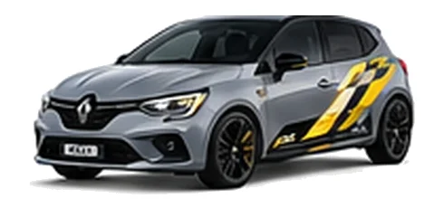 Renault Clio in Highland Grey with custom vinyl graphics, front three-quarter view.