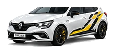 Renault Megane in Glacier White with custom vinyl graphics, front three-quarter view.