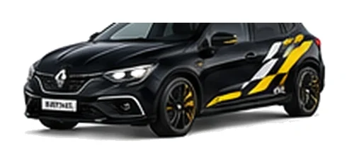 Renault Megane in Diamond Black with custom vinyl graphics, front three-quarter view.