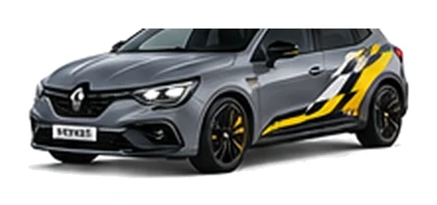 Renault Megane in Urban Grey with custom vinyl graphics, front three-quarter view.