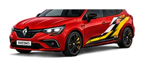Renault Megane in Flame Red with custom vinyl graphics, front three-quarter view.