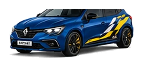 Renault Megane in Iron Blue with custom vinyl graphics, front three-quarter view.