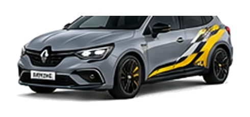 Renault Megane in Highland Grey with custom vinyl graphics, front three-quarter view.