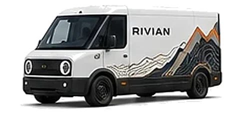 Rivian EDV in Glacier White with custom vinyl graphics, front three-quarter view.