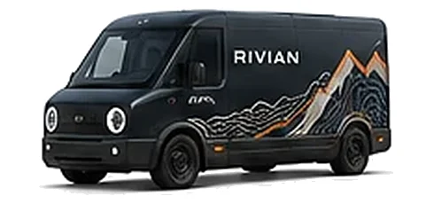 Rivian EDV in Midnight with custom vinyl graphics, front three-quarter view.