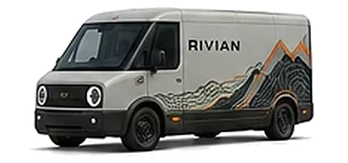 Rivian EDV in Limestone with custom vinyl graphics, front three-quarter view.