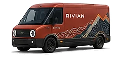Rivian EDV in Red Canyon with custom vinyl graphics, front three-quarter view.