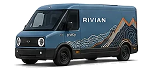 Rivian EDV in Rivian Blue with custom vinyl graphics, front three-quarter view.