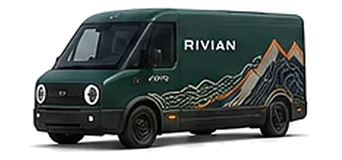 Rivian EDV in Forest Green with custom vinyl graphics, front three-quarter view.