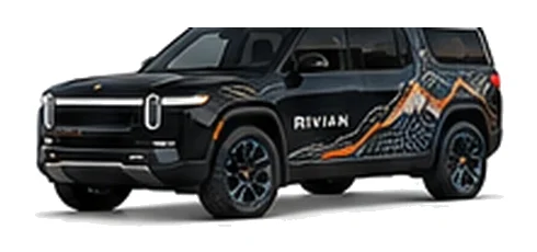 Rivian R1S in Midnight with electric adventure vinyl graphics, front three-quarter view on a white background.