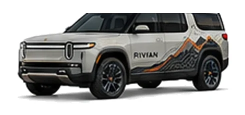 Rivian R1S in Limestone with electric adventure vinyl graphics, front three-quarter view on a white background.