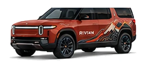Rivian R1S in Red Canyon with custom vinyl graphics, front three-quarter view.