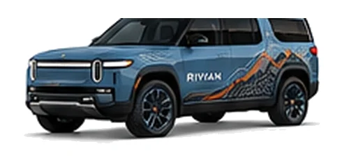 Rivian R1S in Rivian Blue with custom vinyl graphics, front three-quarter view.