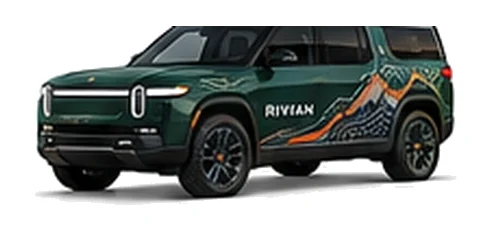 Rivian R1S in Forest Green with electric adventure vinyl graphics, front three-quarter view on a white background.