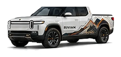 Rivian R1T in Glacier White with electric adventure vinyl graphics, front three-quarter view on a white background.
