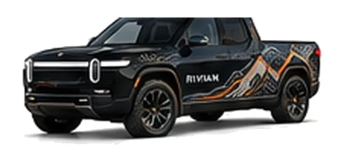 Rivian R1T in Midnight with electric adventure vinyl graphics, front three-quarter view on a white background.