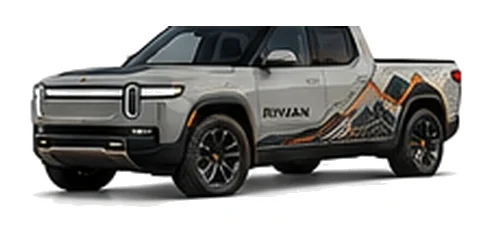 Rivian R1T in Limestone with electric adventure vinyl graphics, front three-quarter view on a white background.