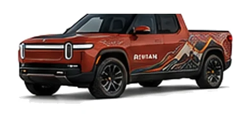 Rivian R1T in Red Canyon with custom vinyl graphics, front three-quarter view.